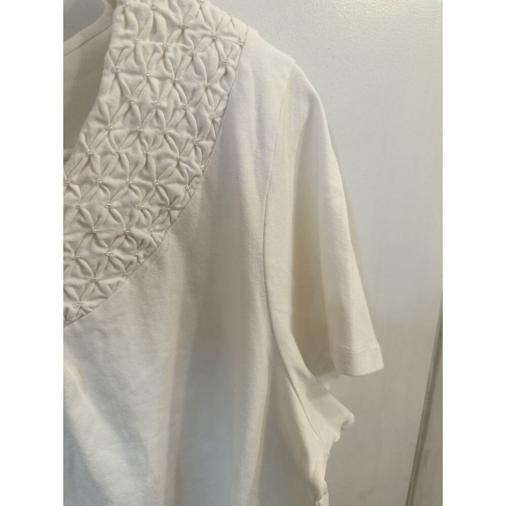 JM Collection Women's 1X White Knit Top Smocked Yoke Round Neck Stretch - Picture 4 of 6